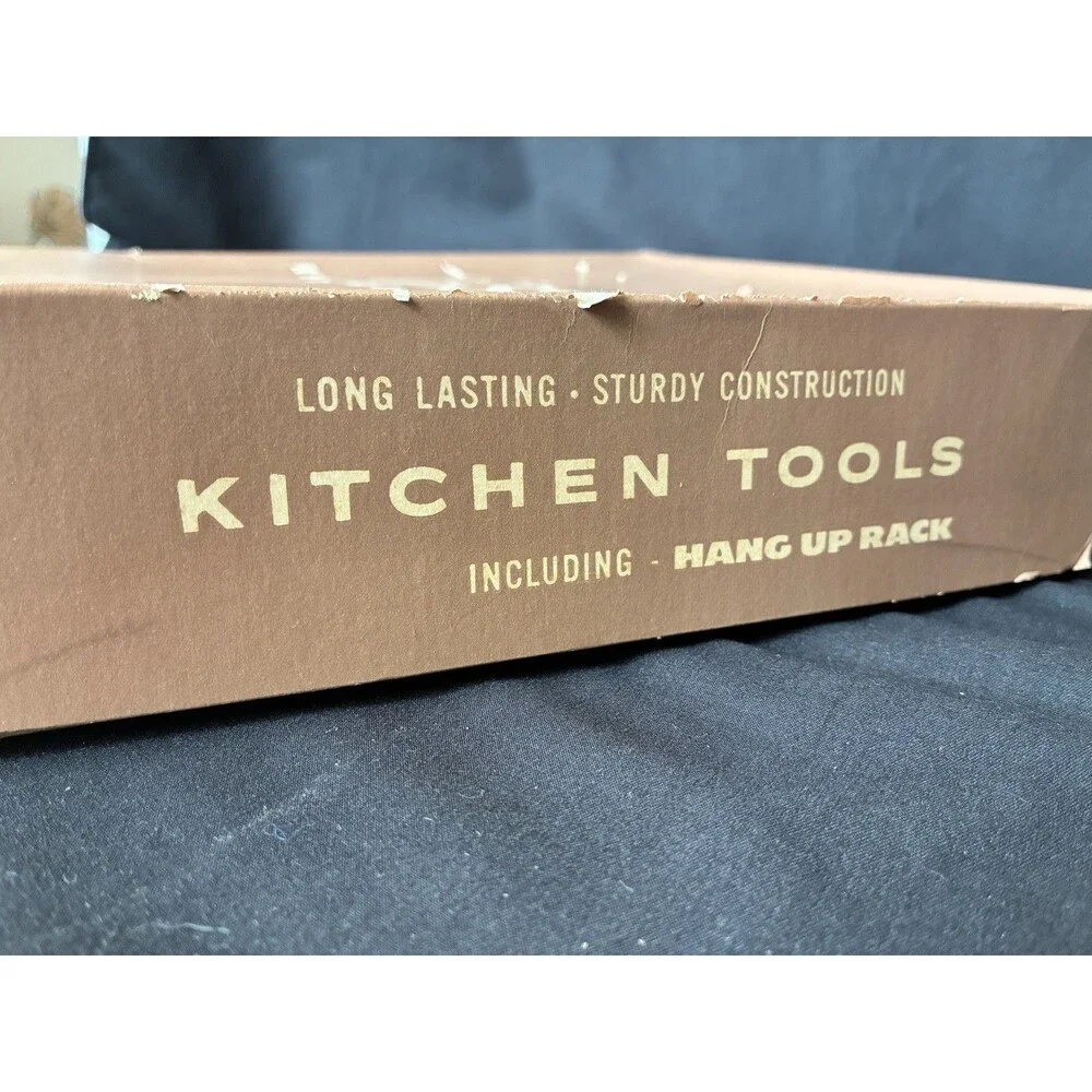 Vtg Ekco 6 Piece Utensil Set W Rack in Original Crest Kitchen Tools Box Copper